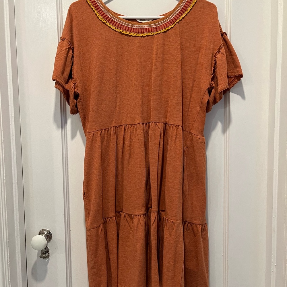 Matilda Jane Burnt Sienna Dress with Embroidered Neckline Size Medium